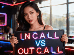 Elegant escort girl in a Kuala Lumpur hotel room, ready for incall or outcall booking