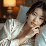Woman in a silk robe lying on a bed with pillows
