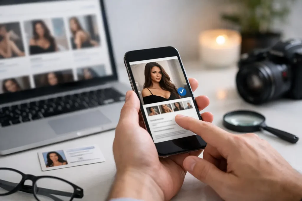 Person reviewing verified escort profiles on a smartphone and laptop.