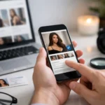 Person reviewing verified escort profiles on a smartphone and laptop.