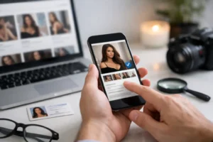 Person reviewing verified escort profiles on a smartphone and laptop.